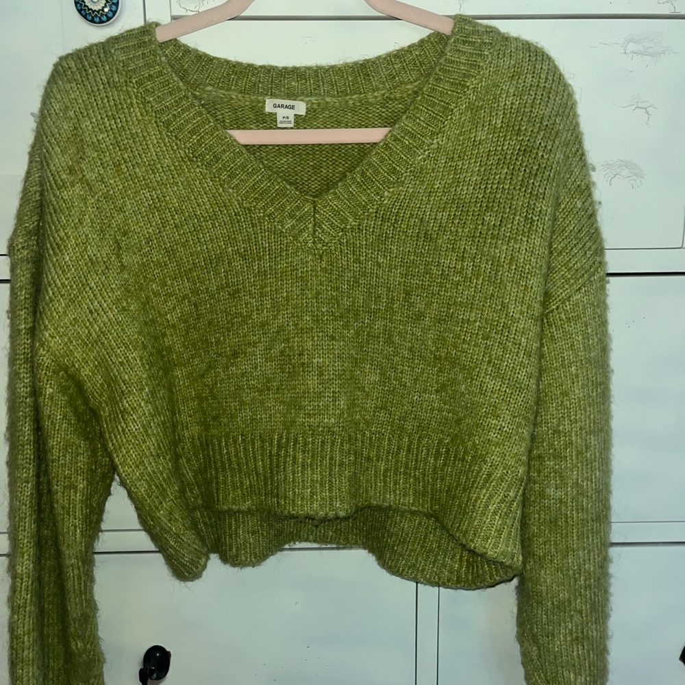 Garage Green V-Neck Cropped Sweater